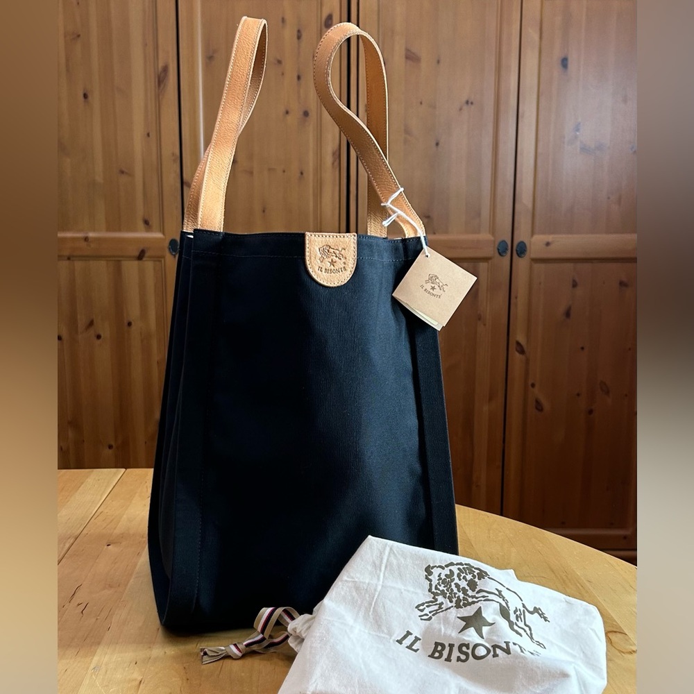 New IL BISONTE Italy Leather Black Canvas Tote